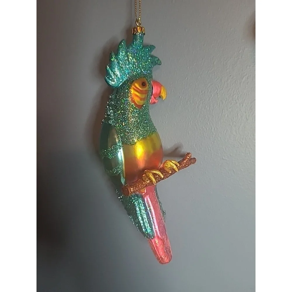 Lot 4 Blown Glass Bird Christmas‎ Ornaments Sparkly Glitter Parrot Owl Cardinal